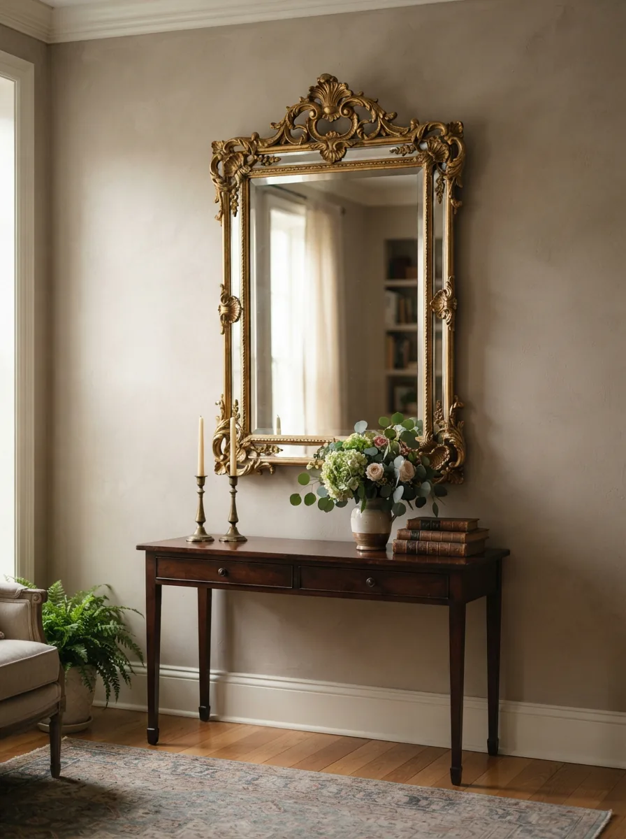 An elegant vignette featuring a Carolina Mirror Company Crown Fine Arts ornate gilt mirror hanging in a refined interior setting.