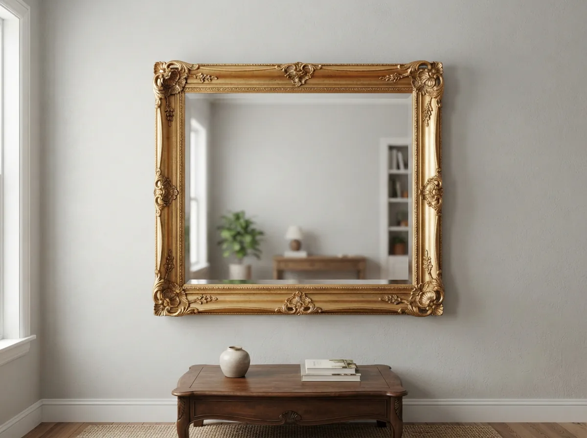 A standalone, elegant gilded mirror from the Carolina Mirror Company, featuring a classic rectangular frame with ornate corner details.