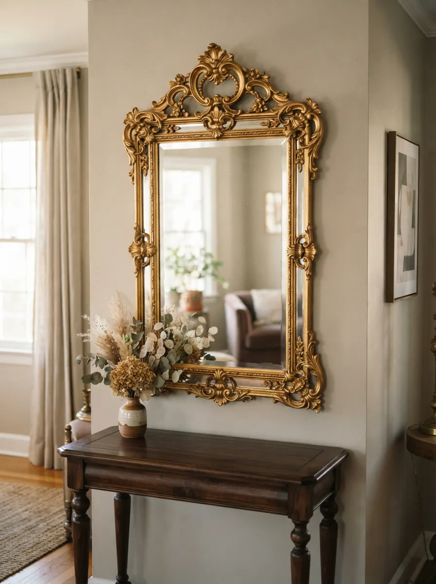 A beautifully styled vignette featuring a large, ornate gold-framed Carolina Mirror Company mirror hanging on a neutral wall above a dark wood console table.