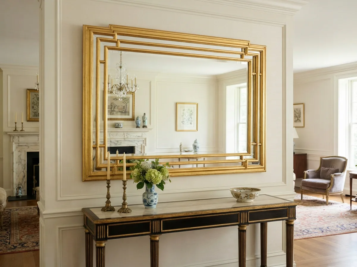 A large, tiered Carolina Mirror Company console mirror with a structured, gilded frame.