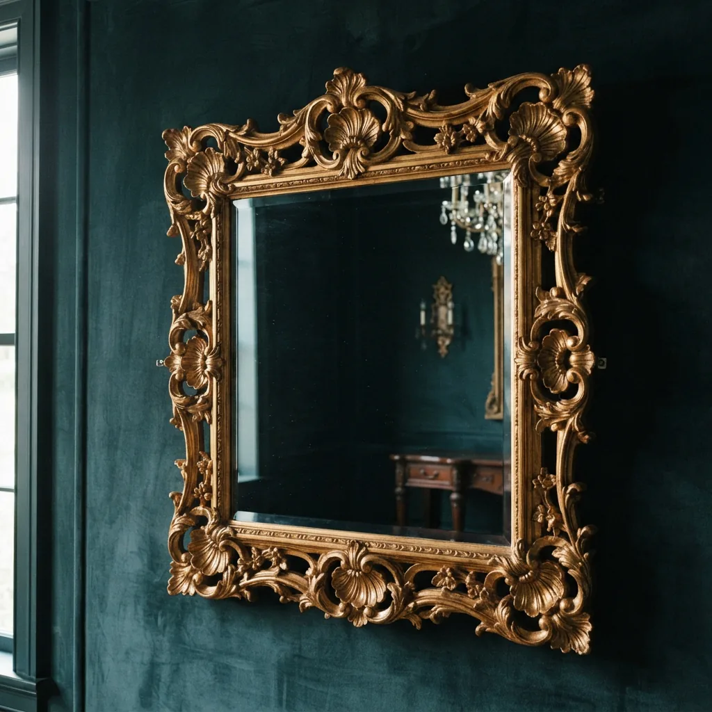 An ornate Carolina Mirror Company Rococo mirror with a deeply carved, gilt acanthus leaf frame.