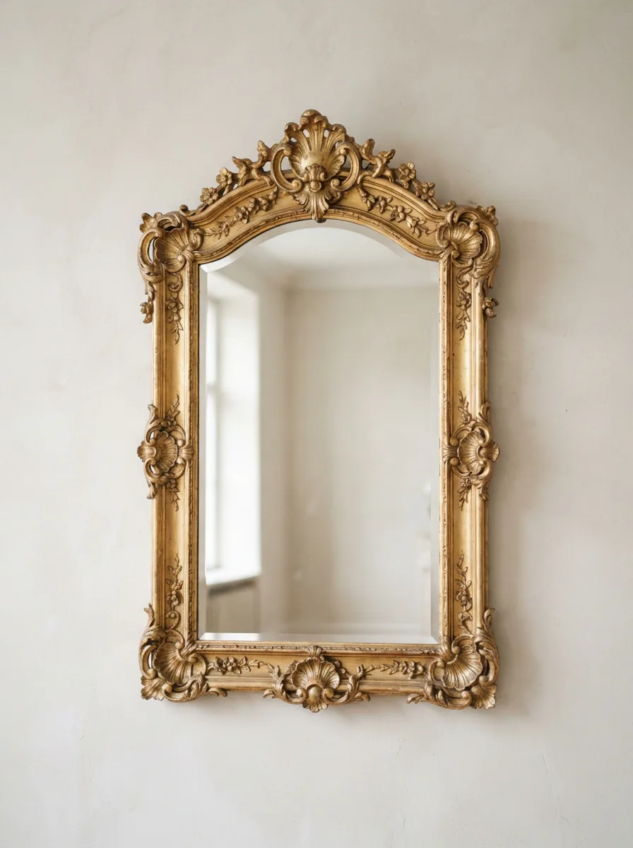 An elegant vintage Carolina Mirror Company mirror with a gold gilt frame, displayed against a neutral, textured wall in a well-lit room.