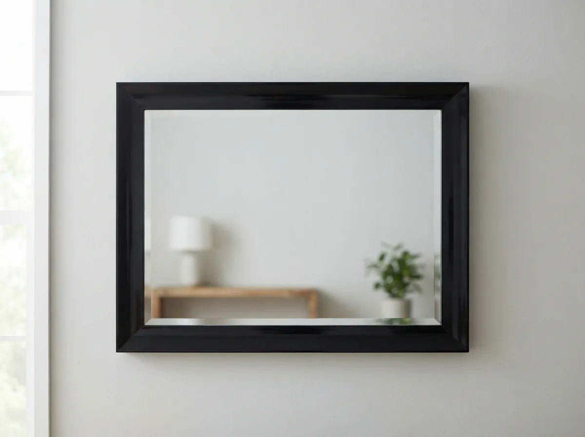 A sleek, rectangular Carolina Mirror Company mirror with a high-gloss black lacquered frame.