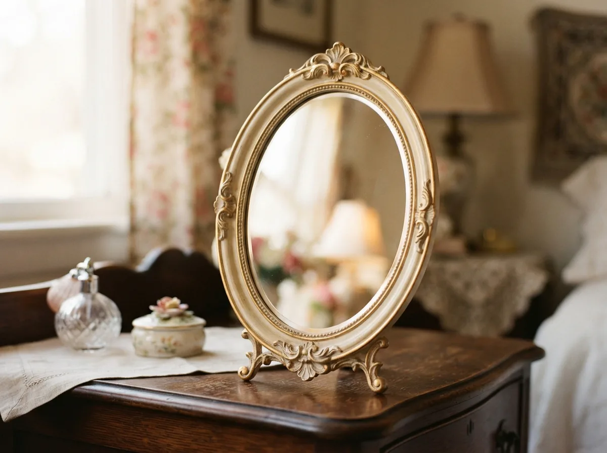 A petite, charming oval Carolina Mirror Company mirror with a delicate, softly finished frame.
