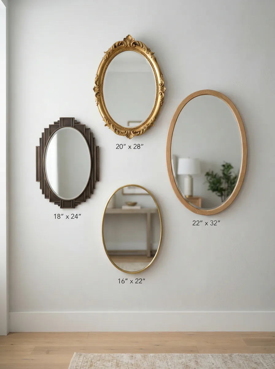 A collection of diverse Carolina Mirror Company oval mirrors displayed against a gallery-style wall, showcasing various frames and finishes.