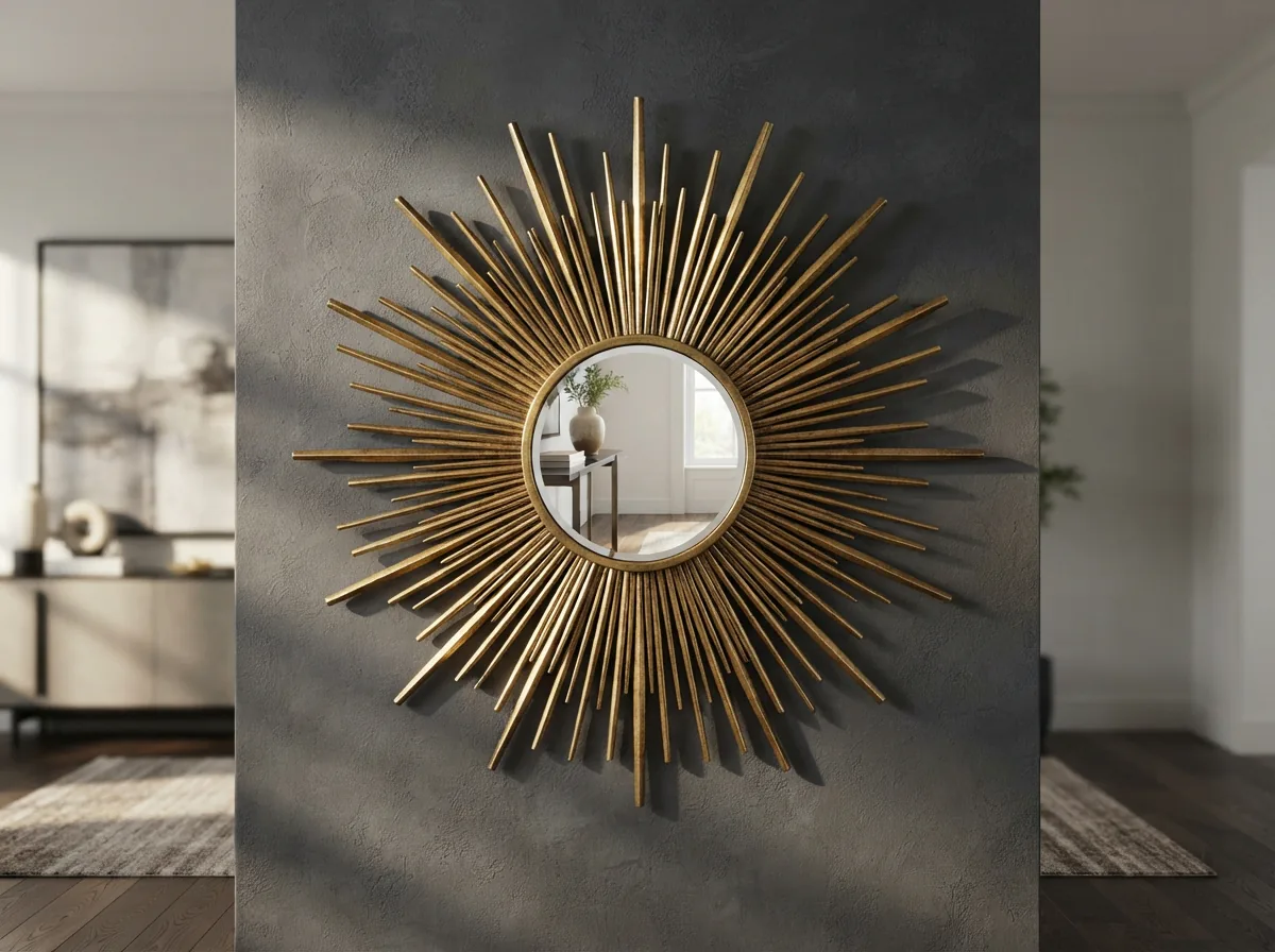 A large, radiant Carolina Mirror Company starburst mirror with gilt rays mounted on a textured wall.