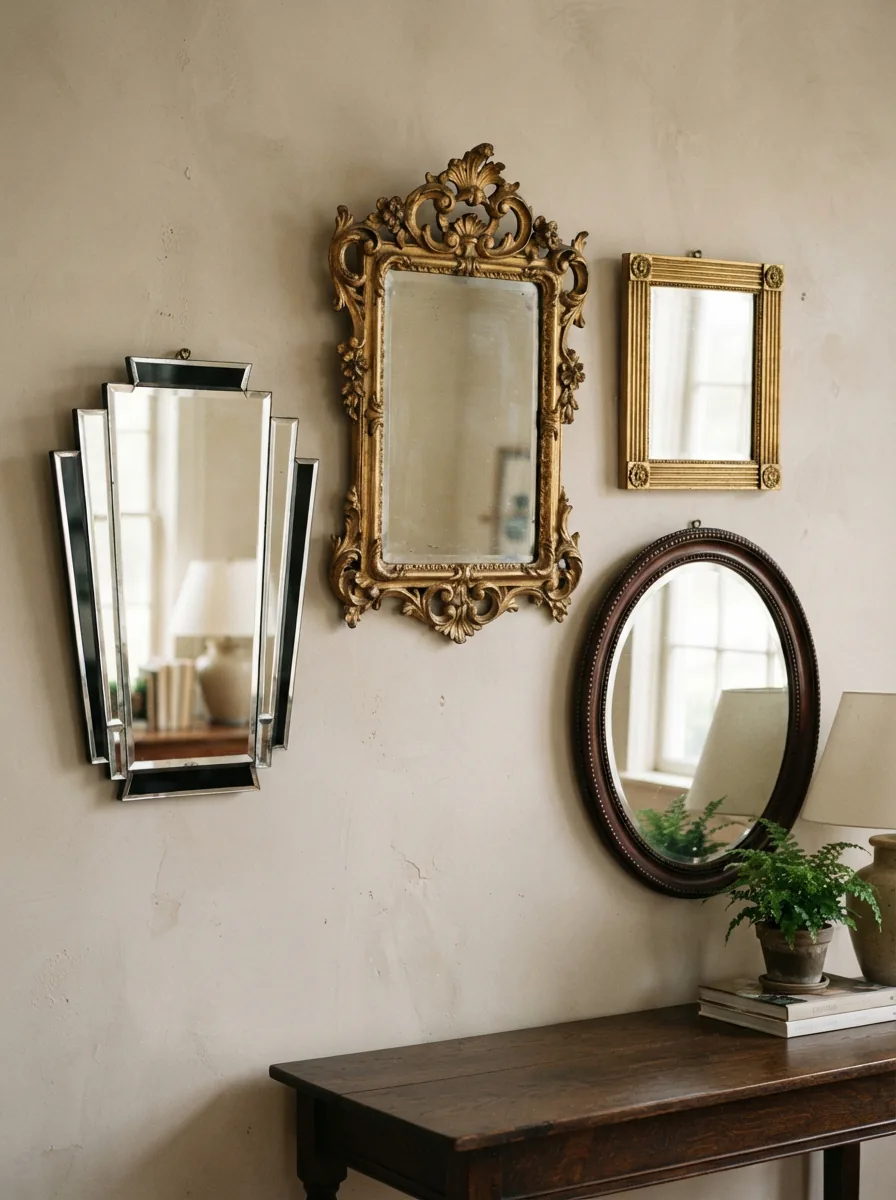 A collection of vintage Carolina Mirror Company mirrors in various styles, including ornate gilt and geometric Art Deco frames, displayed in a curated arrangement.