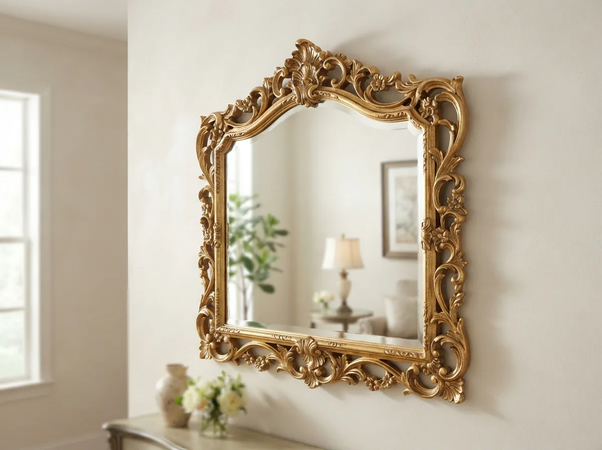 An ornate Carolina Mirror Company Hollywood Regency mirror with a scrolling, gold-gilt frame.