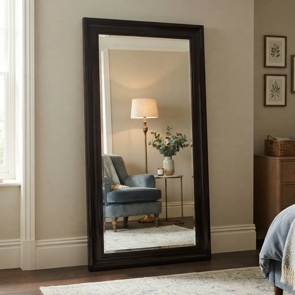 A tall, commanding full-length Carolina Mirror Company floor mirror in a dark lacquered frame.