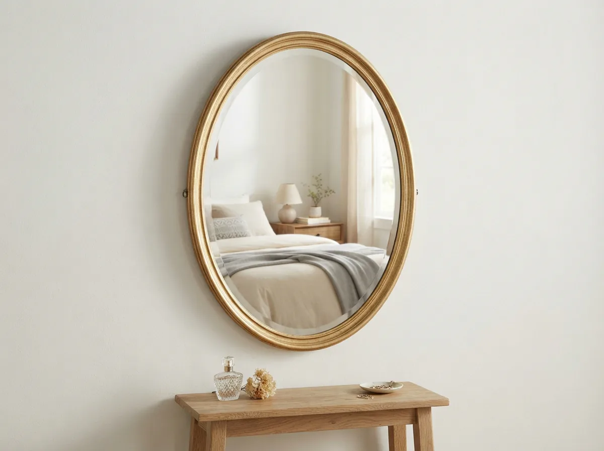 A classic oval Carolina Mirror Company wall mirror with a subtly gilded frame.